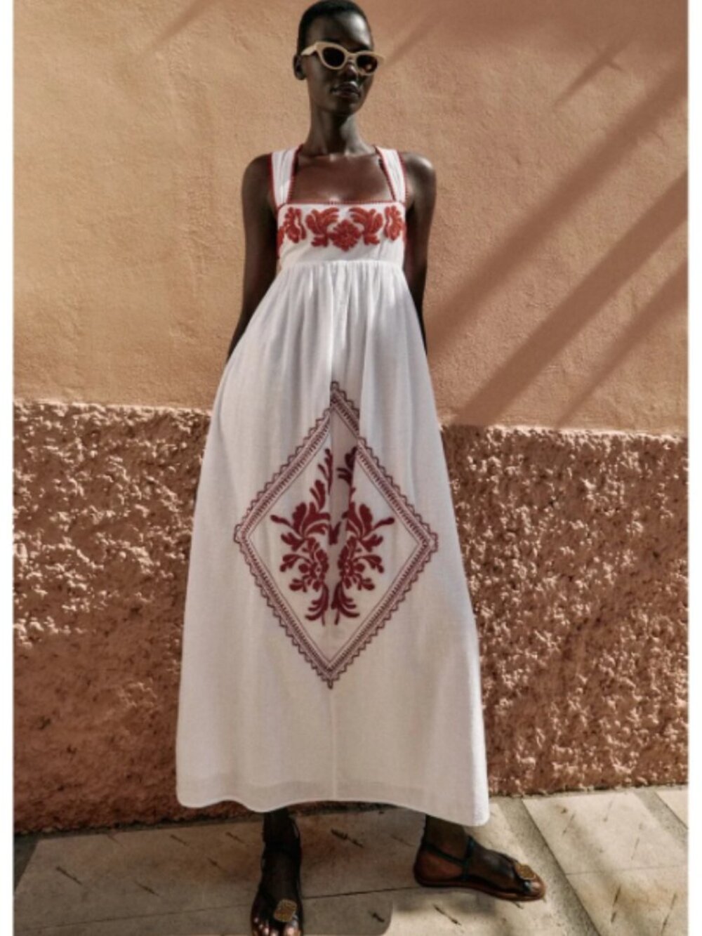 Zara white maxi dress with red embroidery
